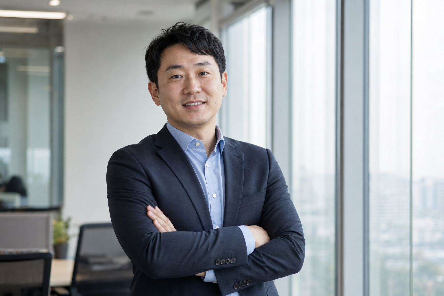 사무실 창가에 서 있는 메세나인재경영원 전문 컨설턴트